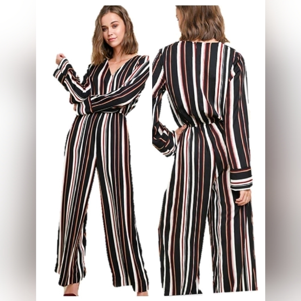 (1448) Umgee Women's Striped V neck Long Sleeve Wide Leg Jumpsuit Size Small